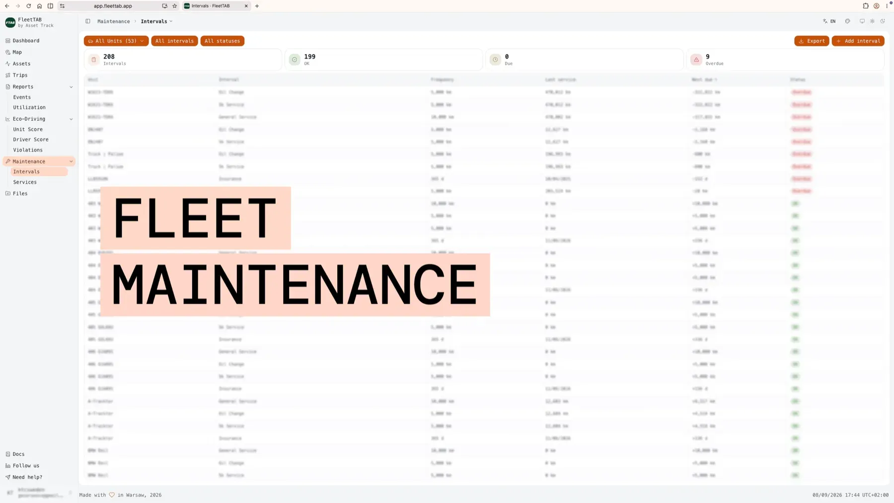 FleetTAB maintenance intervals with counts of intervals that are OK, due and overdue