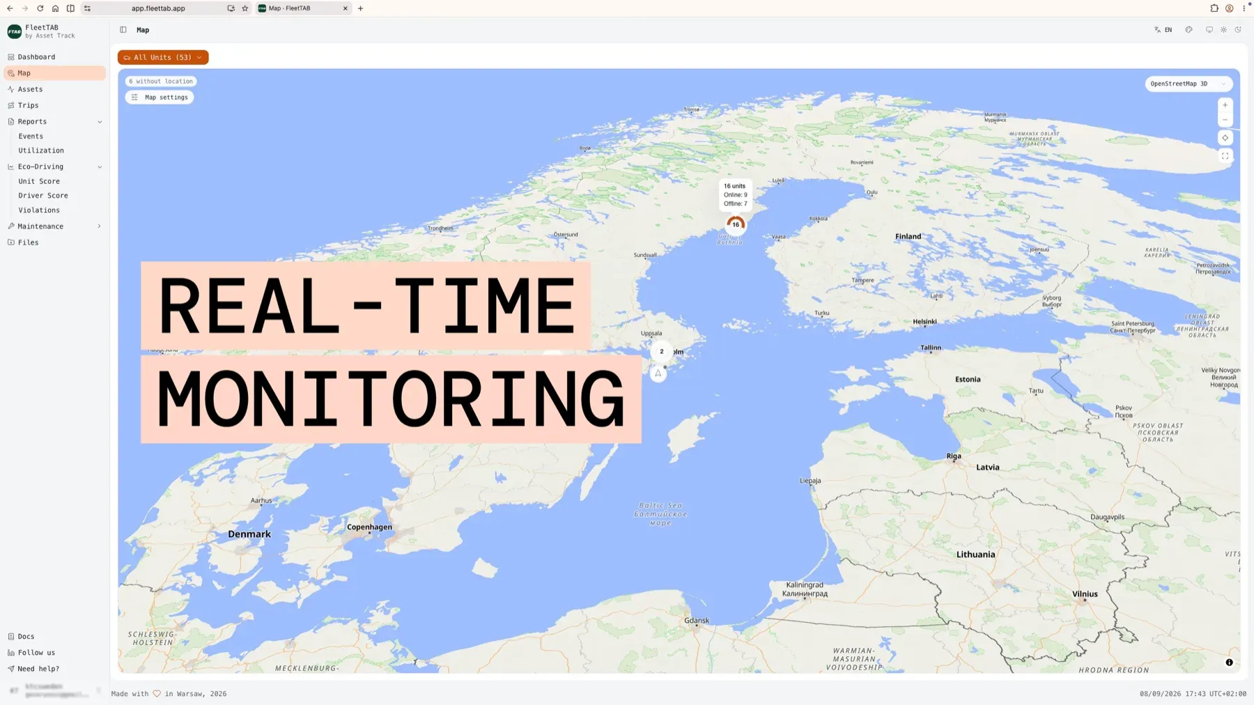FleetTAB live map showing clustered units across the Baltic region with online and offline counts