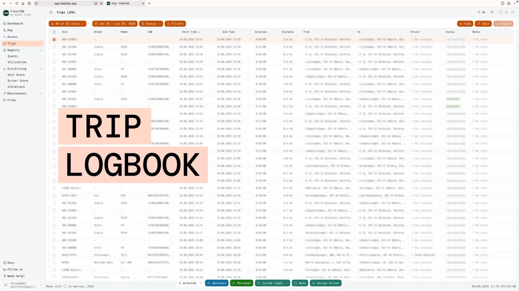 FleetTAB trip list with trips selected and the bulk bar offering business, personal, note and driver assignment