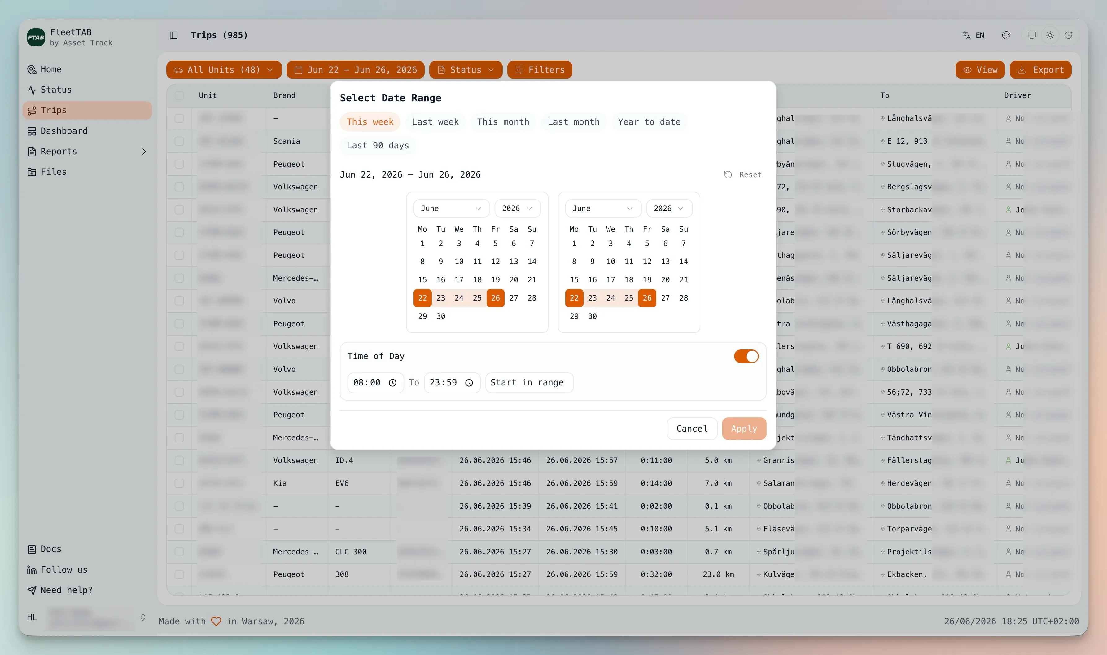 Selecting a date range to pull Wialon trips into the FleetTAB driver logbook